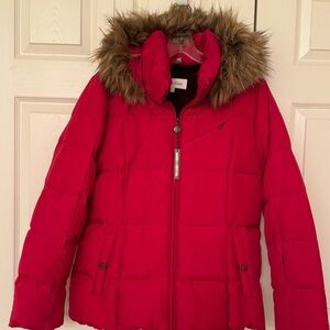 Calvin Klein Red Puffer Jacket with Faux Fur Hood